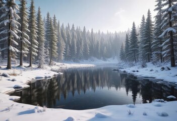 Fototapeta premium A Christmas Eve scene with a snow-covered forest and a frozen lake, snowfall, wintry scenery, bare trees