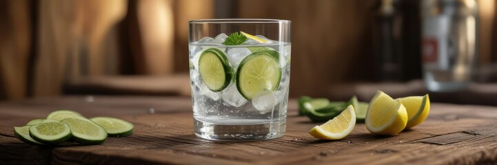 Fototapeta premium A chilled glass of gin filled with ice and topped with sliced cucumber and a squeeze of fresh lemon juice placed in front of a rustic wooden table , outdoor, citrus