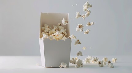 Flying popcorn from white box on minimal bright background