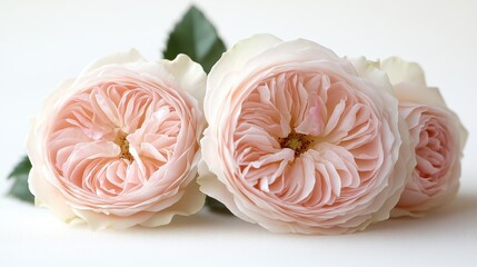 Delicate Pink Roses in Full Bloom with Lush Green Leaves on Soft White Background