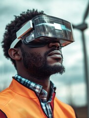 African engineer man using futuristic augmented reality glasses on a windmill farm - Focus on face