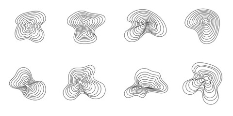 Doodle distorted blob shape set. Tree rings, circle, wood age. Wavy curve. Vector simple design