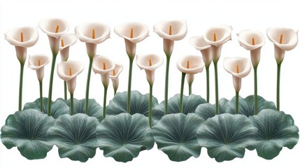 Elegant Arrangement of White Calla Lilies Surrounded by Lush Green Leaves in a Garden Setting