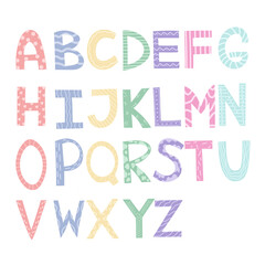Cute hand-drawn English alphabet for kids. Pastel colors, ornamental decorative design, dots, lines, geometric shapes. Vector isolated on white background 