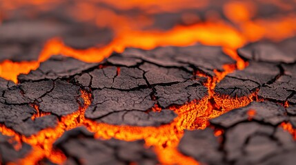 Close-up of cracked, black volcanic rock illuminated by glowing orange lava, showcasing the intense heat and unique textures of volcanic terrain.