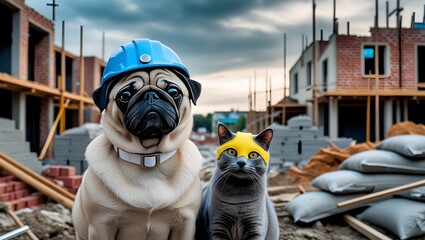 A pug dog in a blue helmet and a gray cat in a yellow mask look at the camera against the backdrop of houses under construction at a construction site. Construction concept




