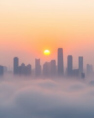 Fototapeta premium A serene skyline at sunrise, with a sun emerging from behind tall buildings, enveloped in soft, white fog.
