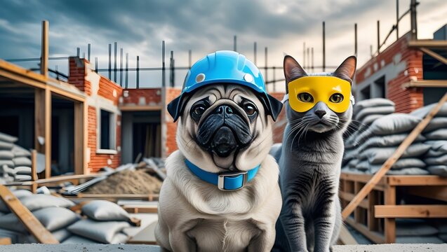 A pug dog in a blue helmet and a gray cat in a yellow mask look at the camera against the backdrop of houses under construction at a construction site. Construction concept