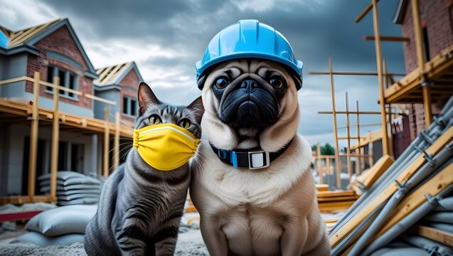 A pug dog in a blue helmet and a gray cat in a yellow mask look at the camera against the backdrop of houses under construction at a construction site. Construction concept