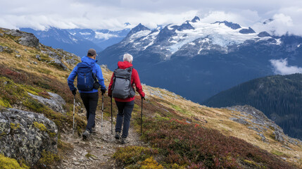 Fototapeta premium Active senior couple hiking in mountains, enjoying nature beauty