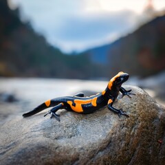 Fire salamander on a rock near the river