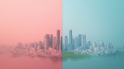 Obraz premium A split image showcasing a cityscape with one side in a soft pink hue and the other in a cool blue tone, highlighting urban architecture and a misty atmosphere.
