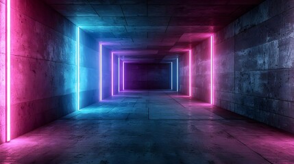 Neon Glowing Tunnel In Concrete Room