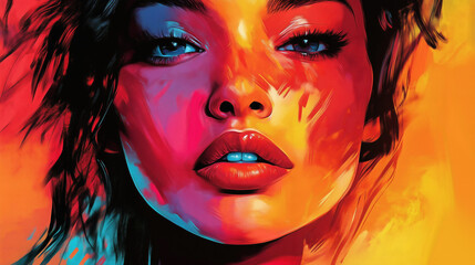 Primer plano artístico de mujer con colores abstractos vibrantes