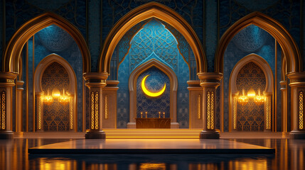 Obraz premium Glowing golden archway welcoming guests for a festive Ramadan event