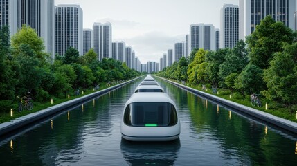 A futuristic cityscape featuring autonomous transport pods traveling along a waterway, flanked by lush greenery and modern skyscrapers.