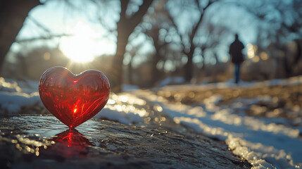 Fototapeta premium Glass Red Heart on Icy Ground Reflecting Sunlight - Symbol of Love, Loneliness, and Heartbreak - Winter Romance and Farewell Concept with Blurred Silhouette in Distance