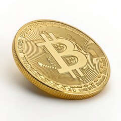 Close-Up of a Detailed Bitcoin Coin in Shimmering Gold Finish on a White Background, Ideal for Representing Cryptocurrency Themes, Digital Investment, and Modern Finance Concepts