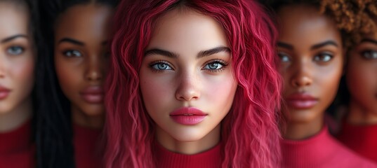 Obraz premium Four Women in Vibrant Red Attire with Diverse Hairstyles