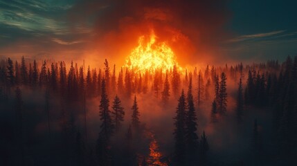 Fototapeta premium Fiery forest fire engulfing trees in fog.