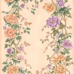 An intricate border of cascading blooms and vine patterns forming a loose geometric design, gracefully placed on a soft peachy pink background
