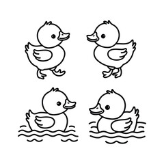 Minimalist Baby Duck Outline Icons – Cute Duck Walking, Standing, and Swimming
