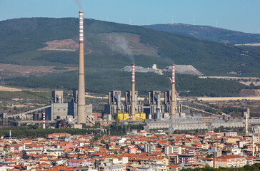 Naklejka premium nature olive trees and thermal power plant general view