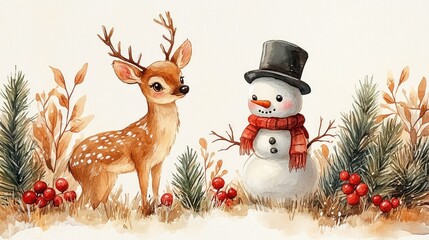 A charming winter scene featuring a deer and a snowman surrounded by foliage and berries.