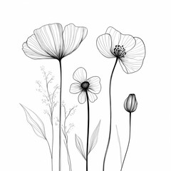 Naklejka premium Delicate line art depicting various flowers in a minimalistic style on a white background
