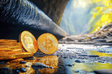 Golden cryptocurrency coins reflecting in water near stream