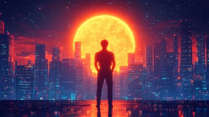 Synthwave-inspired people with cyberpunk fashion, neon lighting, and abstract futuristic city background, glowing in vibrant colors, digital painting illustration style