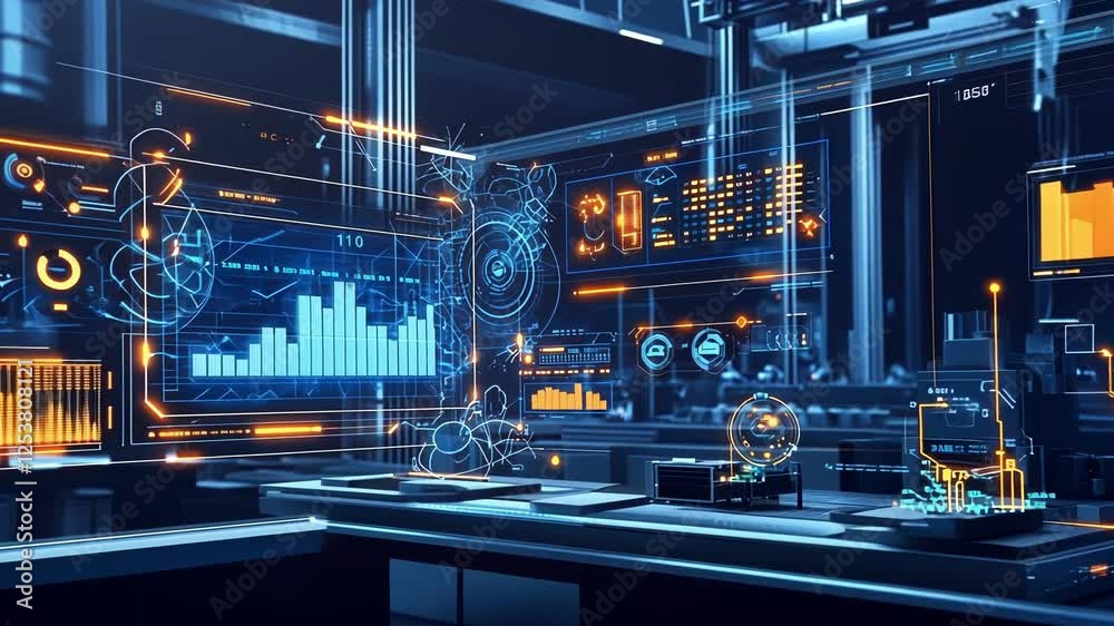 Poster futuristic interface showcasing real time data and analytics, enhancing efficiency and automation in