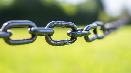 Obraz premium close up view of metallic chain links against blurred green background, symbolizing strength and connection