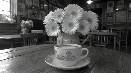 Serene Cafe Moment: Coffee and Gerbera Daisies in Monochrome