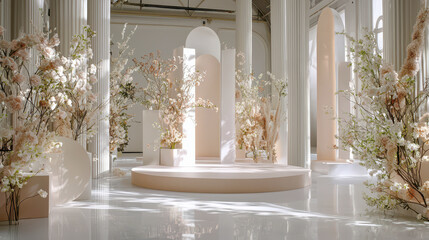 Elegant blush pink rounded 3D stage set with floral arrangements and columns