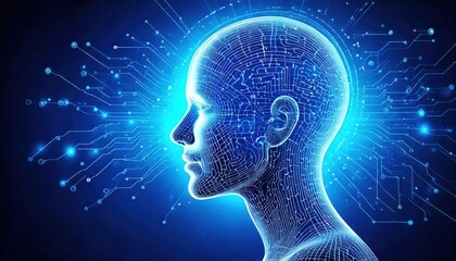 Obraz premium Conceptual image of human head with digital circuits, representing innovation and AI.