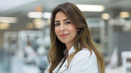 Fototapeta premium Smiling female dentist in modern clinic with professional team and advanced dental equipment