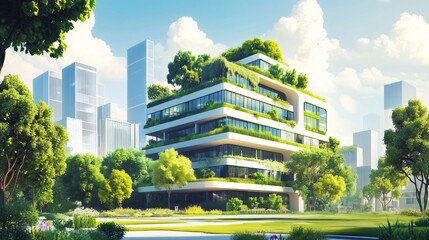 Obraz premium Eco-friendly modern building with rooftop garden in a city park.