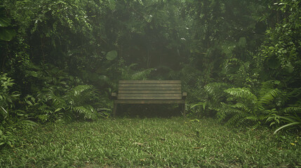 Tranquil wooden bench in misty jungle clearing. Relaxation, nature escape