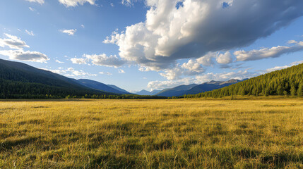 Fototapeta premium Breathtaking panoramic landscape with mountains, clouds, and grassland