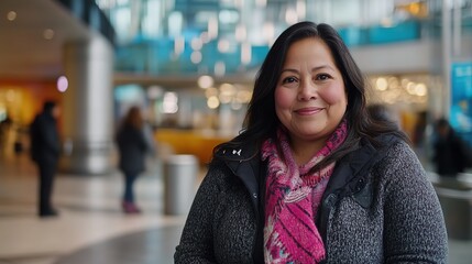 middle age Mexican woman smiling at modern shopping mall 
