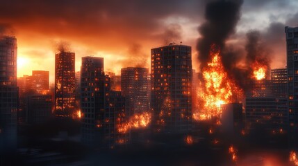 Obraz premium burning city in flame fire and smoke at night time 