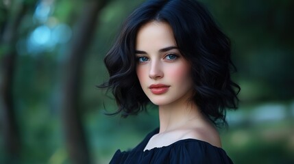 smiling young Spanish woman in black dress at green park 