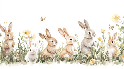 Obraz premium Charming Watercolor Bunnies in Floral Meadow
