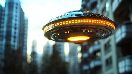 futuristic transportation vehicle hover over cybernetic cityscape