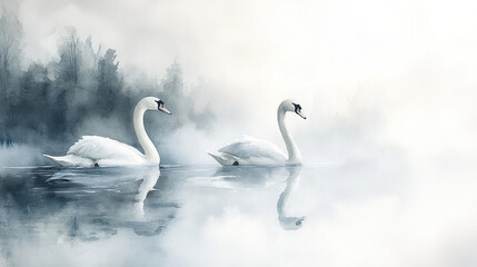 Elegant Swans on Misty Lake Watercolor