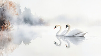 Obraz premium Tranquil Watercolor of Swans on Misty Lake