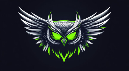 Obraz premium Glowing Owl Logo, Wings Spread, Dark Background, Gaming Mascot