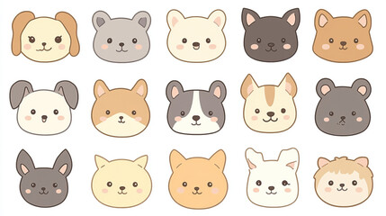 Fototapeta premium Cute Kawaii Dog Faces in Pastel Colors