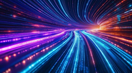 Futuristic digital highway with neon light trails in blue, purple, and orange tones, representing fast data transmission, high-speed internet, and advanced technology. Ideal for AI, cybersecurity